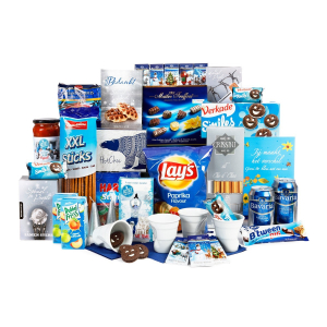 Blauw gekleurd kerstpakket Een mooi en goedgevuld blauw kerstpakket voor mannen en vrouwen