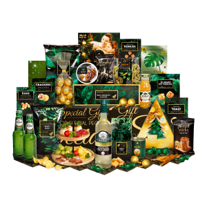 etagere kerstpakketten met bamboe serveerplankjes